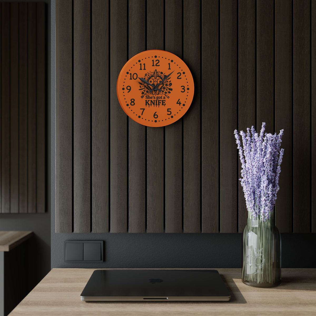 She got a knife acrylic wall clock | Halloween horror decor, orange skull design