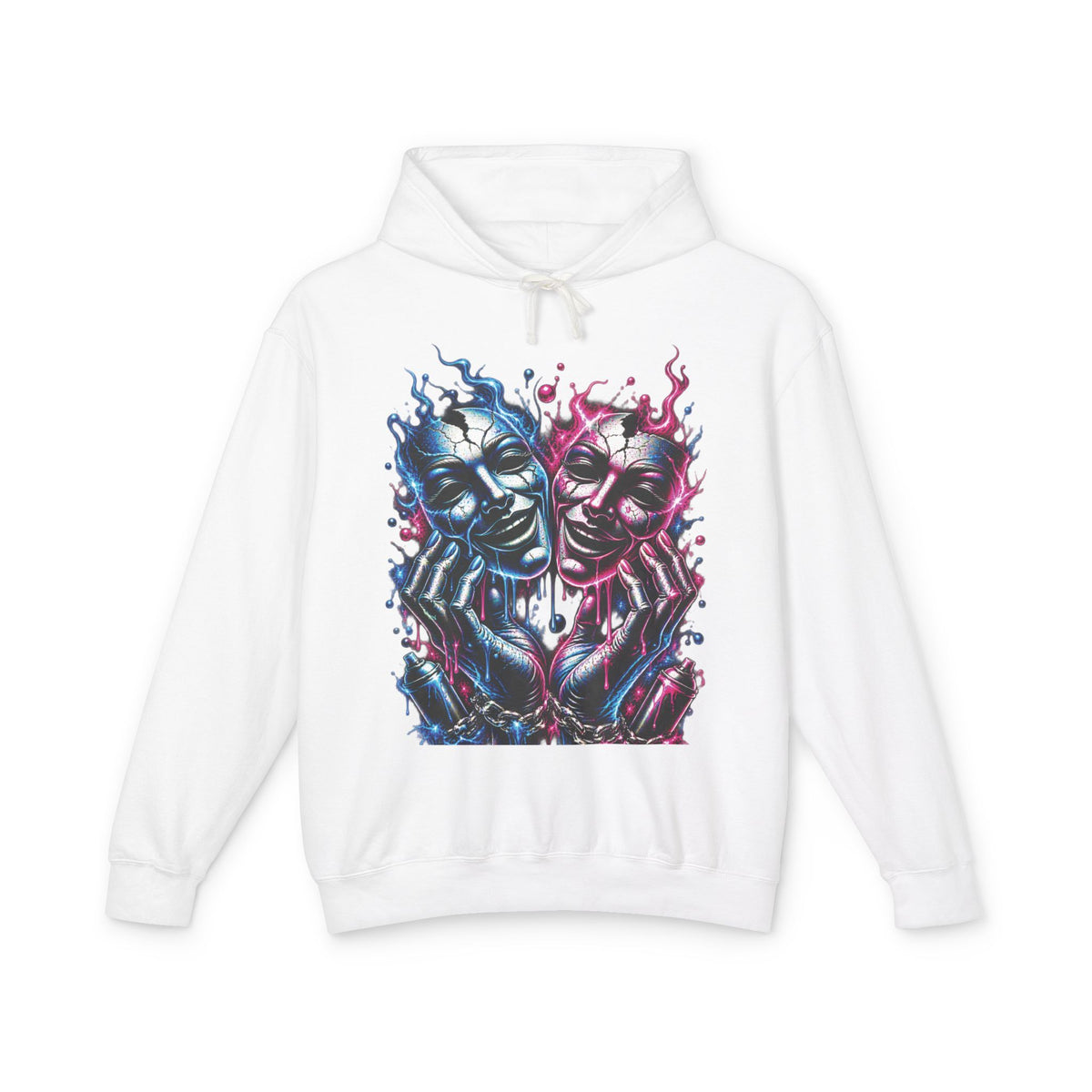 Dual Flame Masks Hoodie | Blue Pink Surreal Faces Graphic