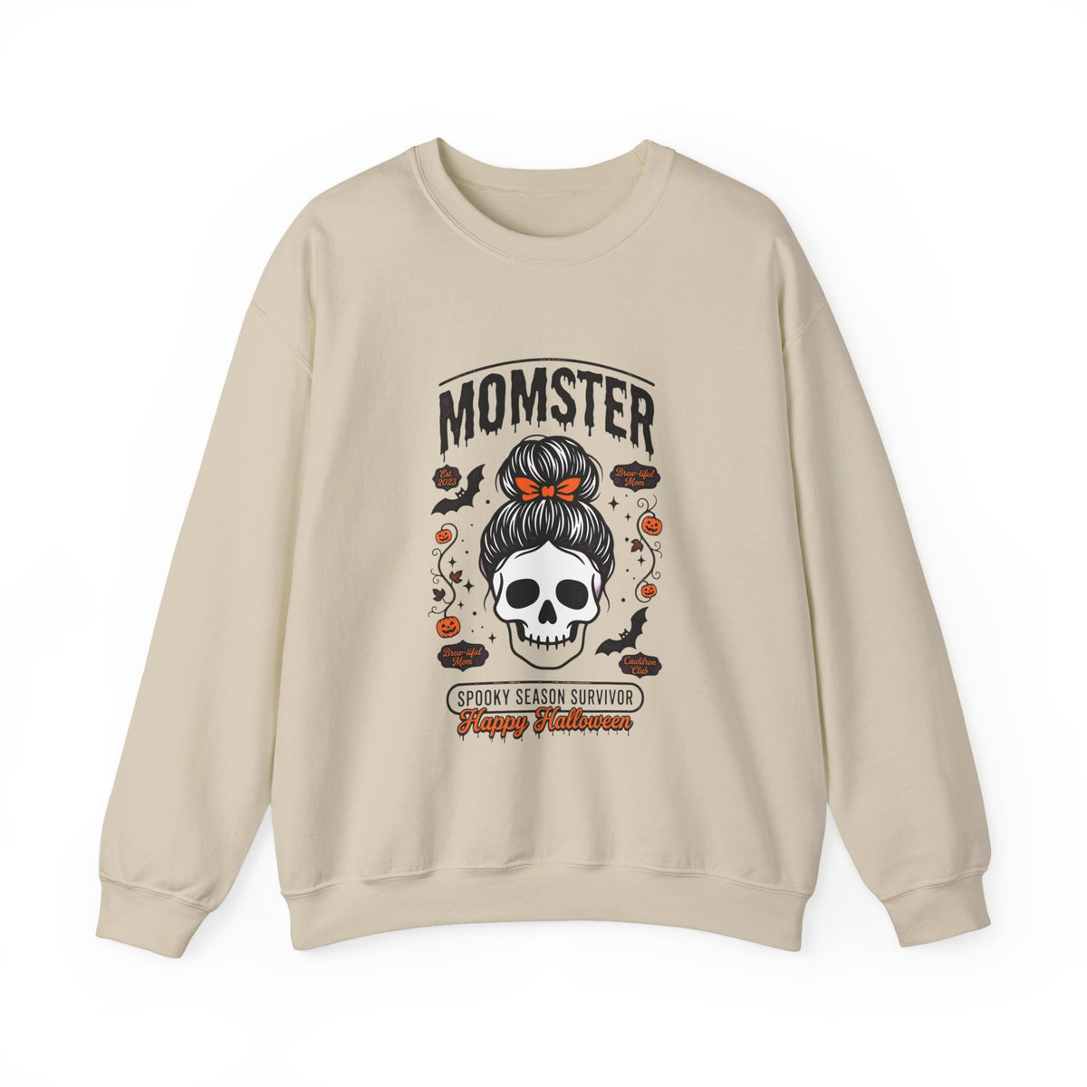 Momster Skull with Bunned Hair Crewneck Sweatshirt | Halloween Mom Design