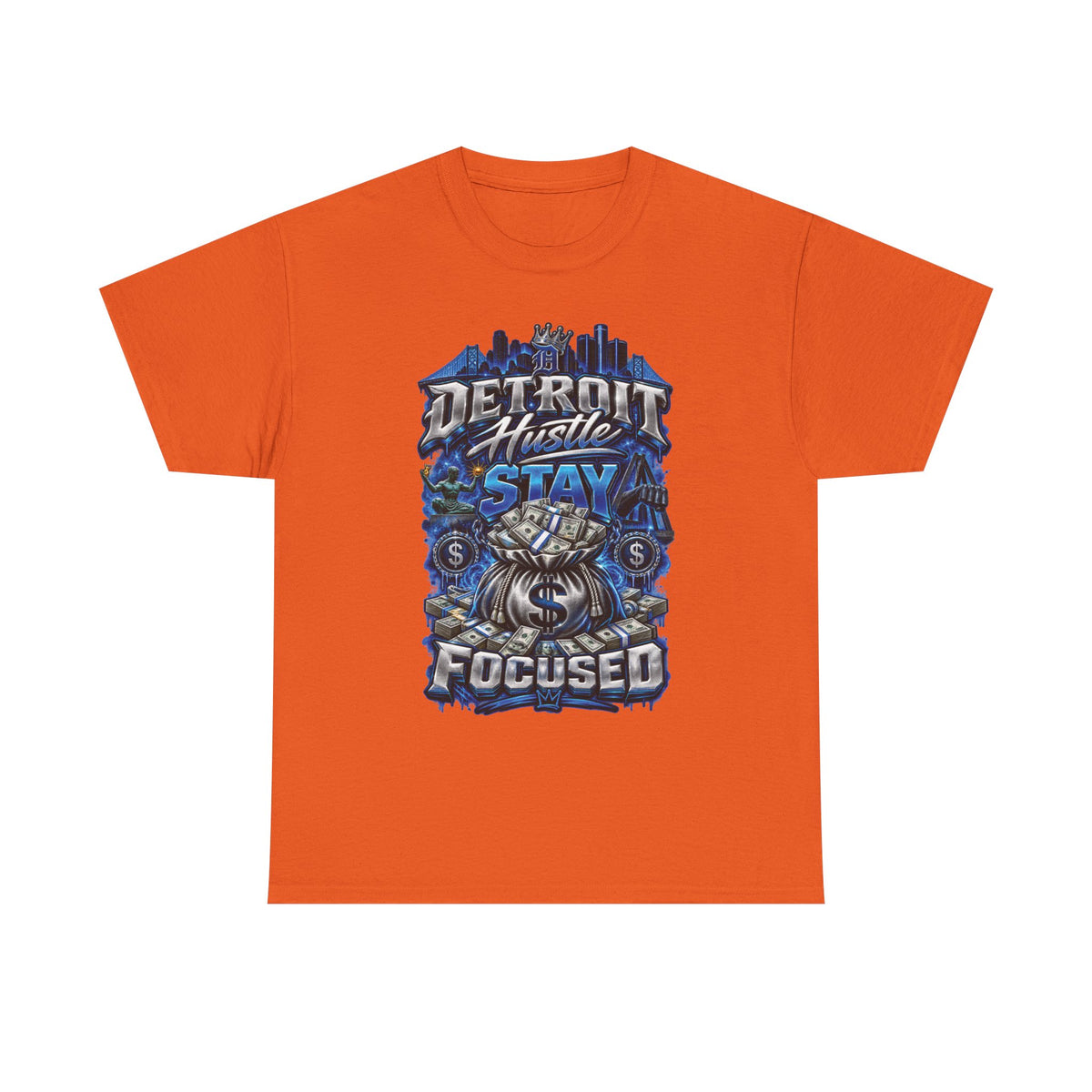Detroit Hustle Stay Focused Tee | City Skyline, Money Bag Graphic