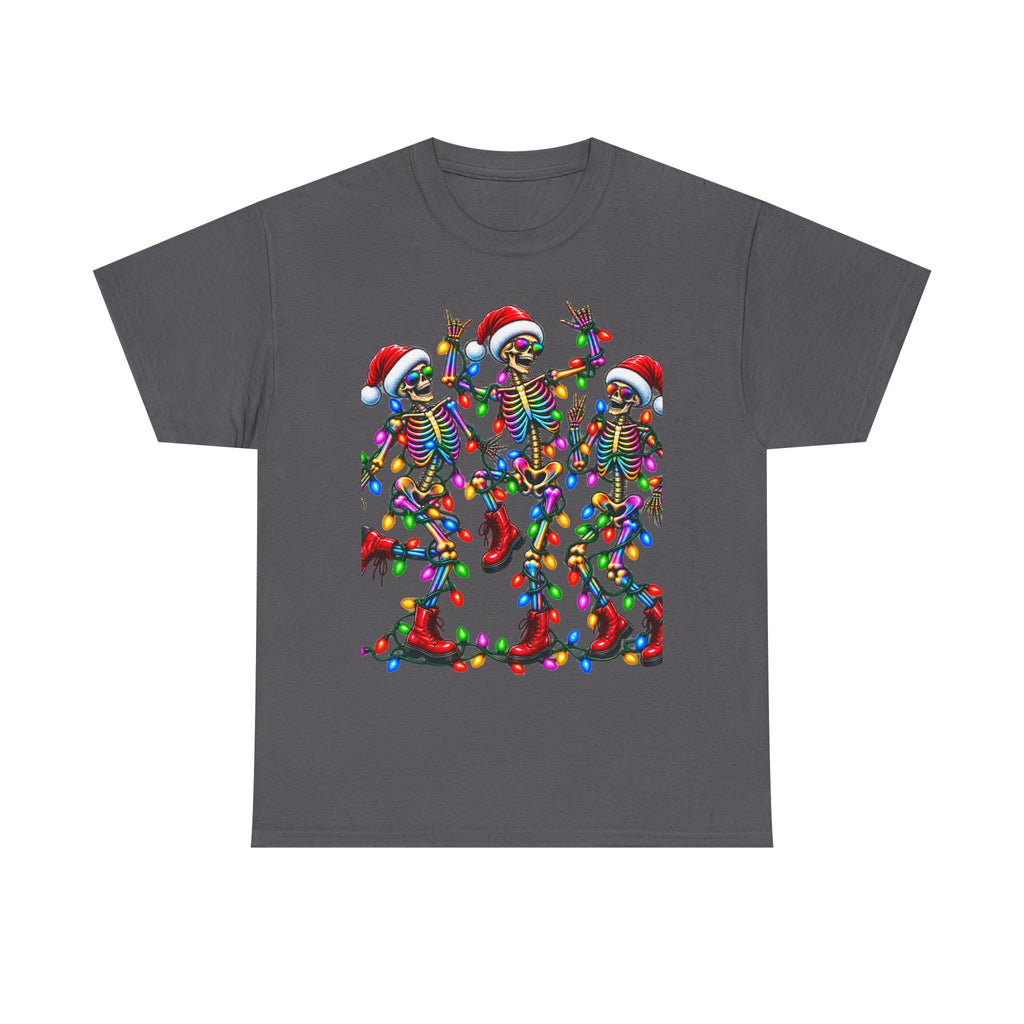 Dancing Skeletons with Christmas Lights T-Shirt | Santa Hat Holiday Tee