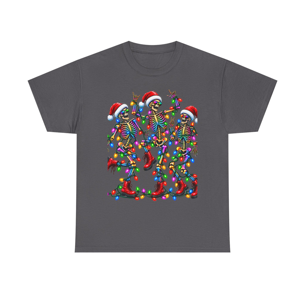Dancing Skeletons with Christmas Lights T-Shirt | Santa Hat Holiday Tee