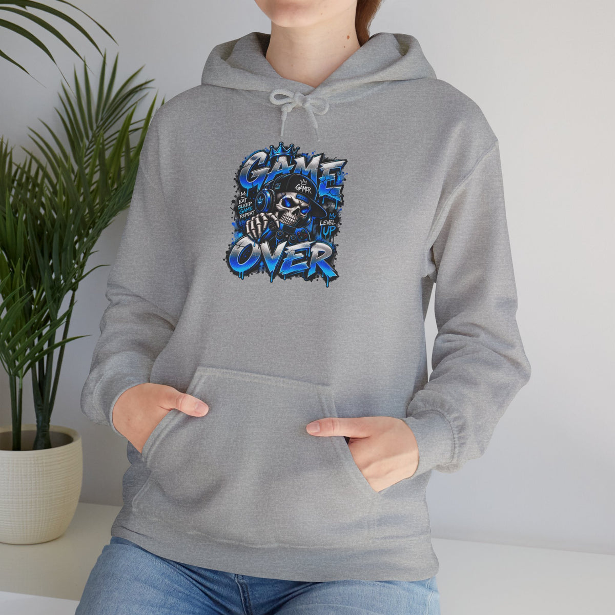 Game Over Skull hoodie | Gaming Graphic Sweatshirt, Blue Grunge Design