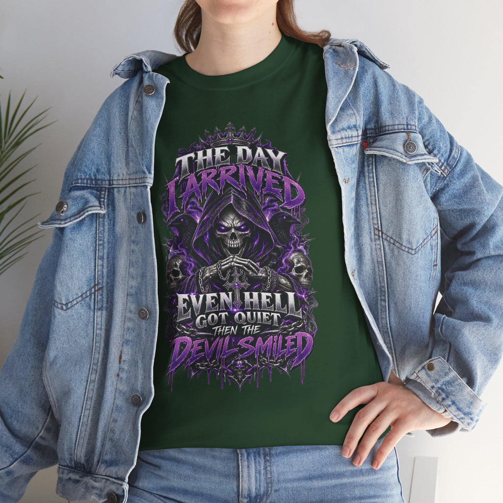 Grim Reaper Skull with Purple Flames T-Shirt | Gothic Death Quote Tee