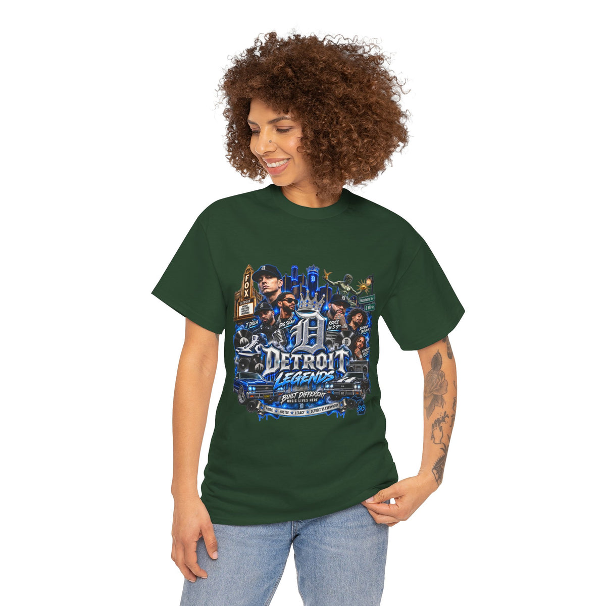 Detroit Legends collage T-Shirt | Motor City skyline, classic cars, musicians