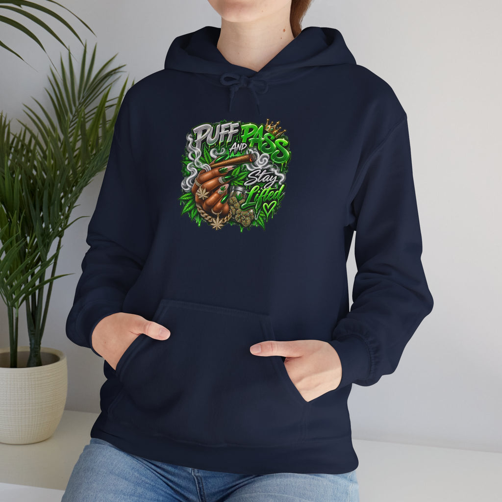 Puff Pass Stay Lifted Hoodie | Cannabis Leaf, Smoky Hand Illustration