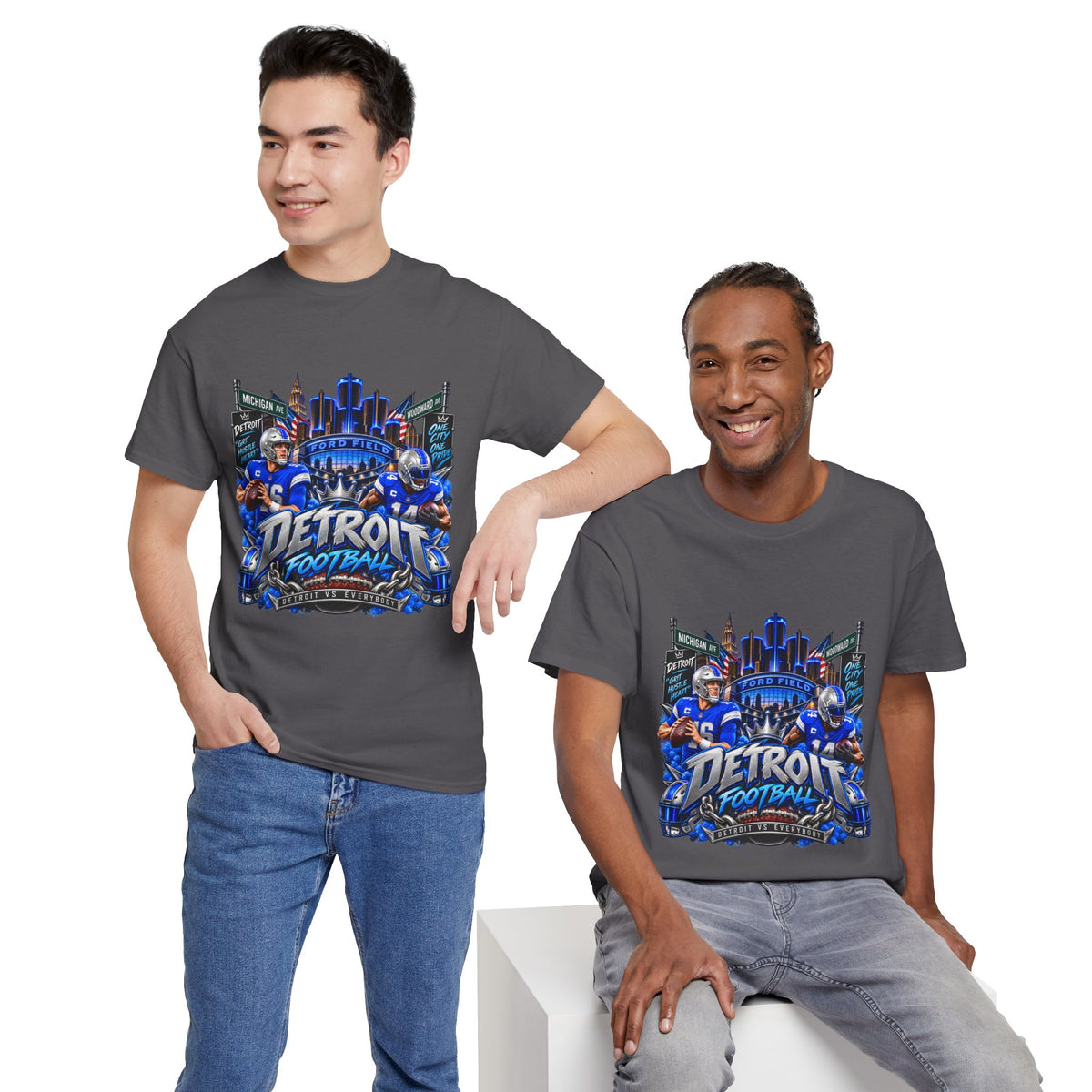 Detroit Football Graphic Tee | City Skyline, Players, Lions-Inspired Design