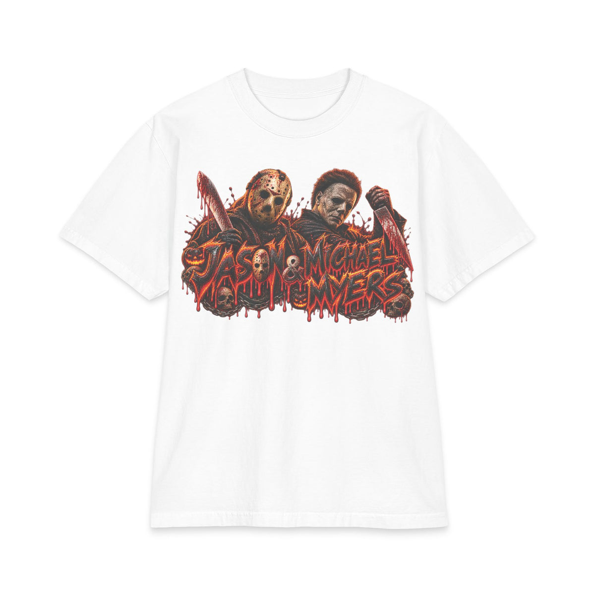 Jason and Micheal Myers Horror Slashers Graphic T-Shirt | Dual Masked Killers, Blood Drip Design