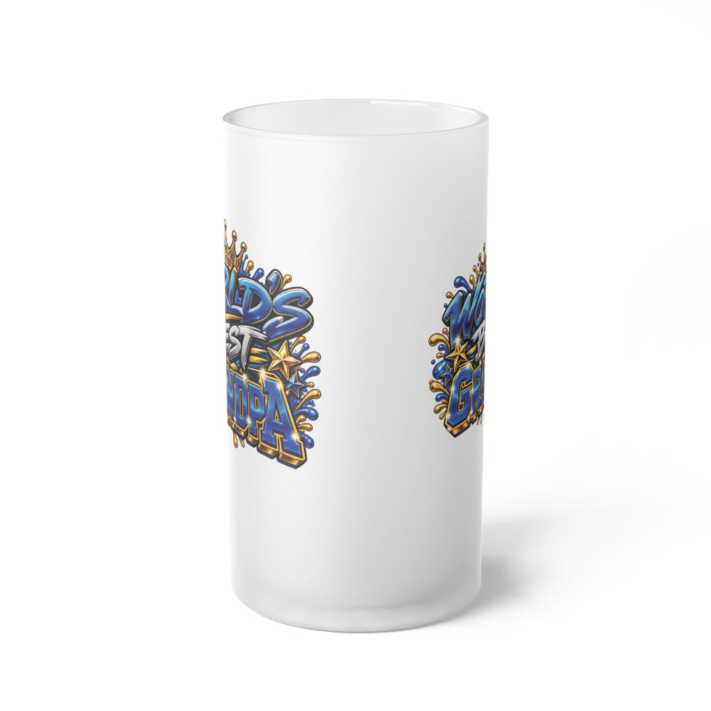 Worlds Best Grandpa Frosted Glass Beer Mug | Blue Graffiti Beer Stein Design