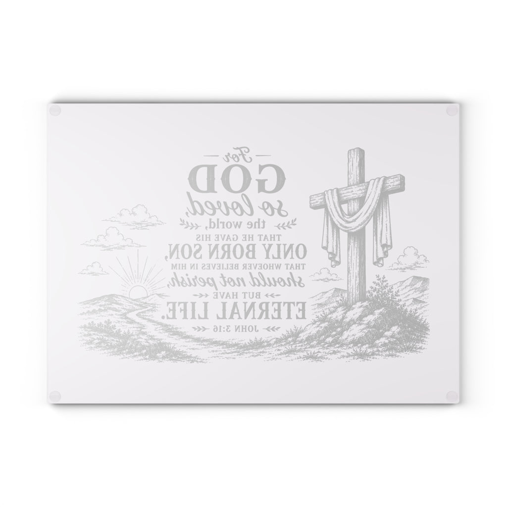 John 3:16 Scripture Cross Illustration Glass Cutting Board | Christian Kitchen Decor