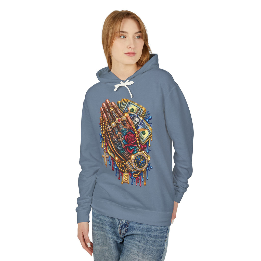 Praying Hands Collage Hoodie | Money, Watch & Roses Drip Design