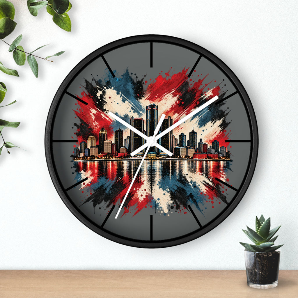 Urban Skyline Detroir Wall Clock – Red, White & Blue Cityscape Decor