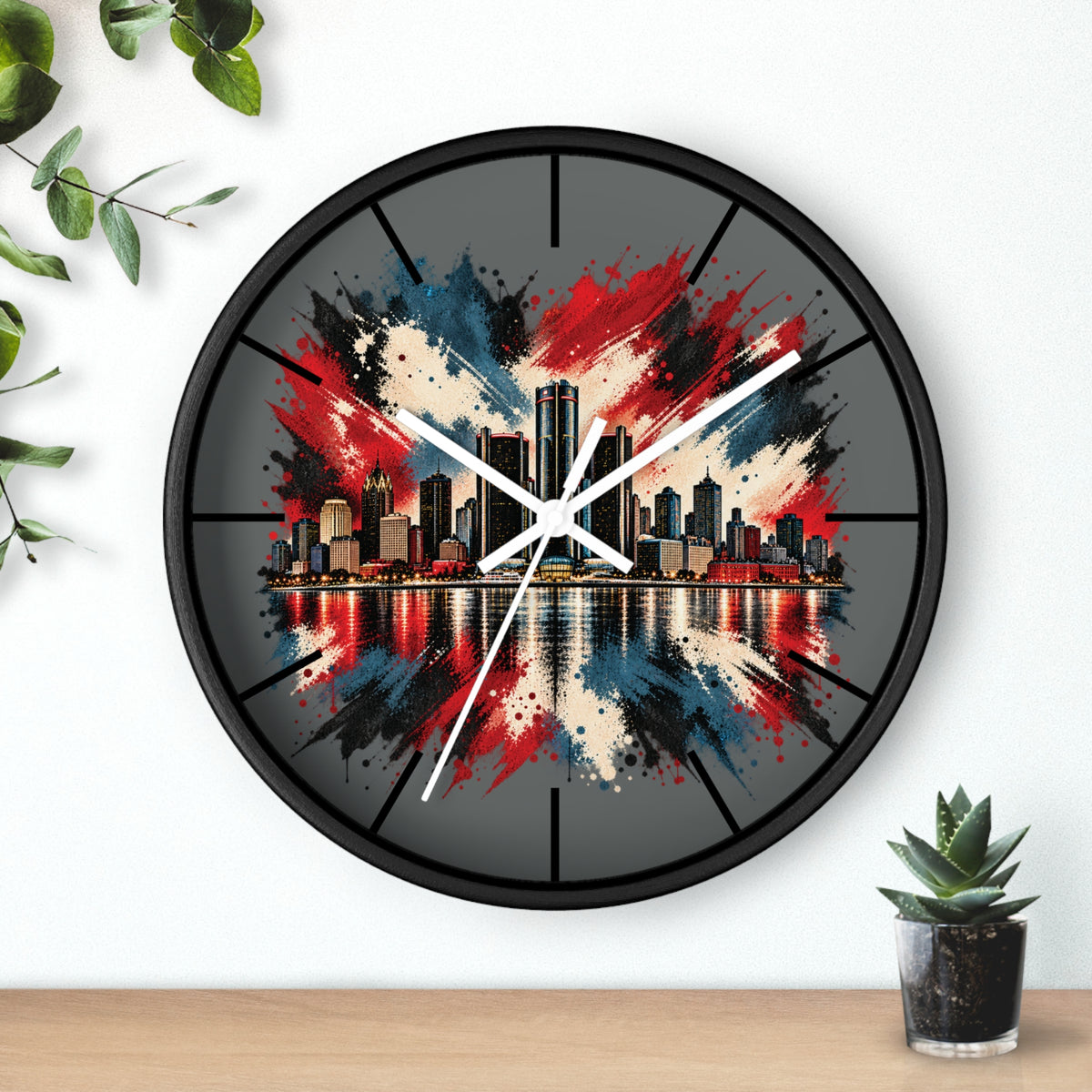 Urban Skyline Detroir Wall Clock – Red, White & Blue Cityscape Decor