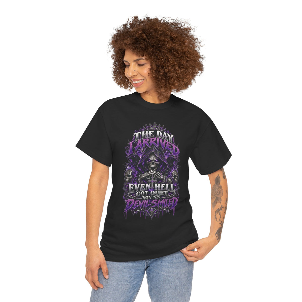Grim Reaper Skull with Purple Flames T-Shirt | Gothic Death Quote Tee
