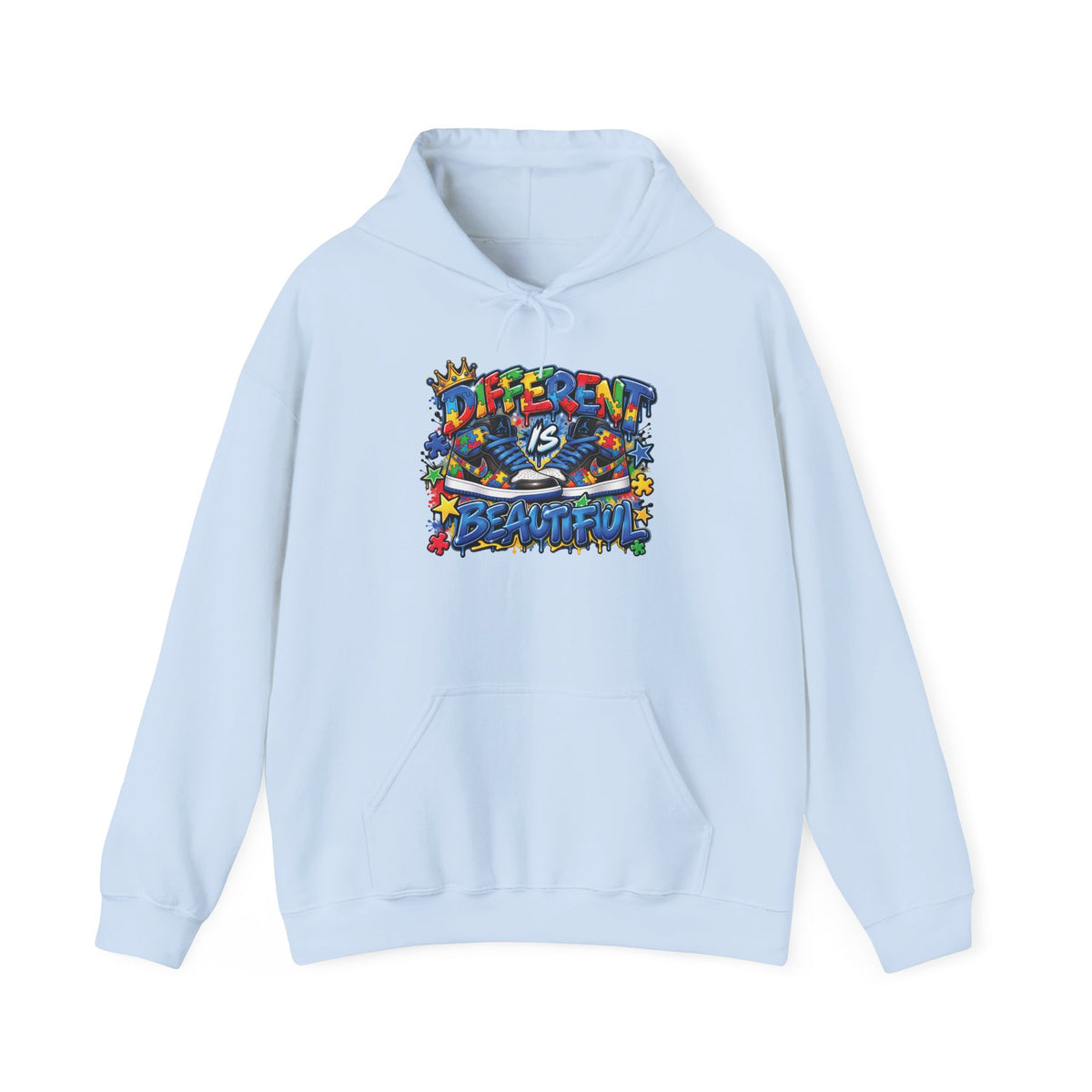 Different Is Beautiful hoodie | colorful graffiti text, stars & flowers