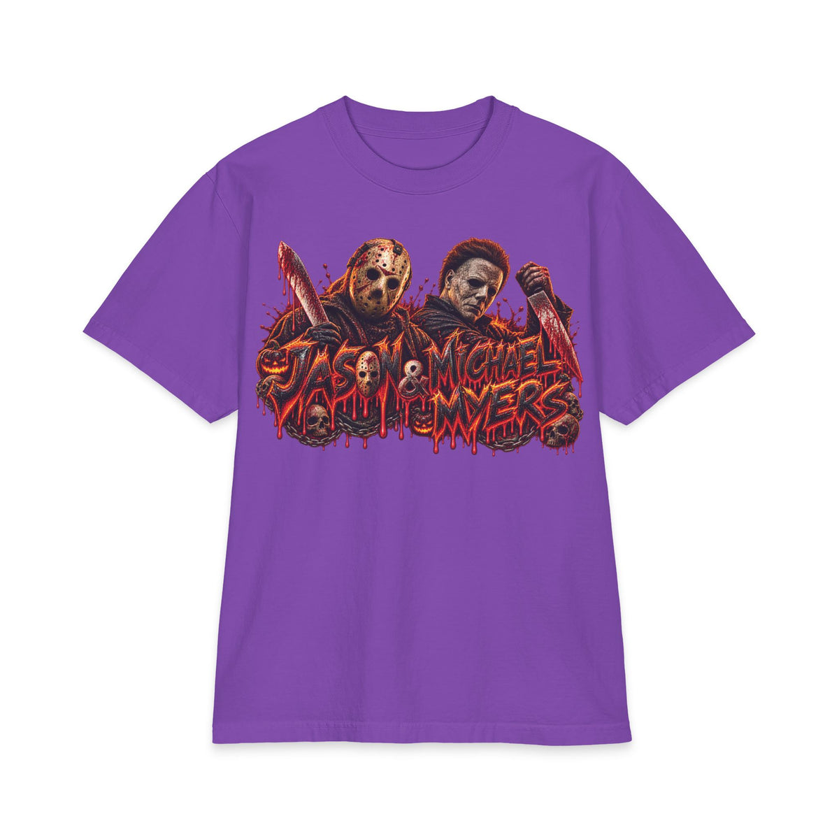 Jason and Micheal Myers Horror Slashers Graphic T-Shirt | Dual Masked Killers, Blood Drip Design
