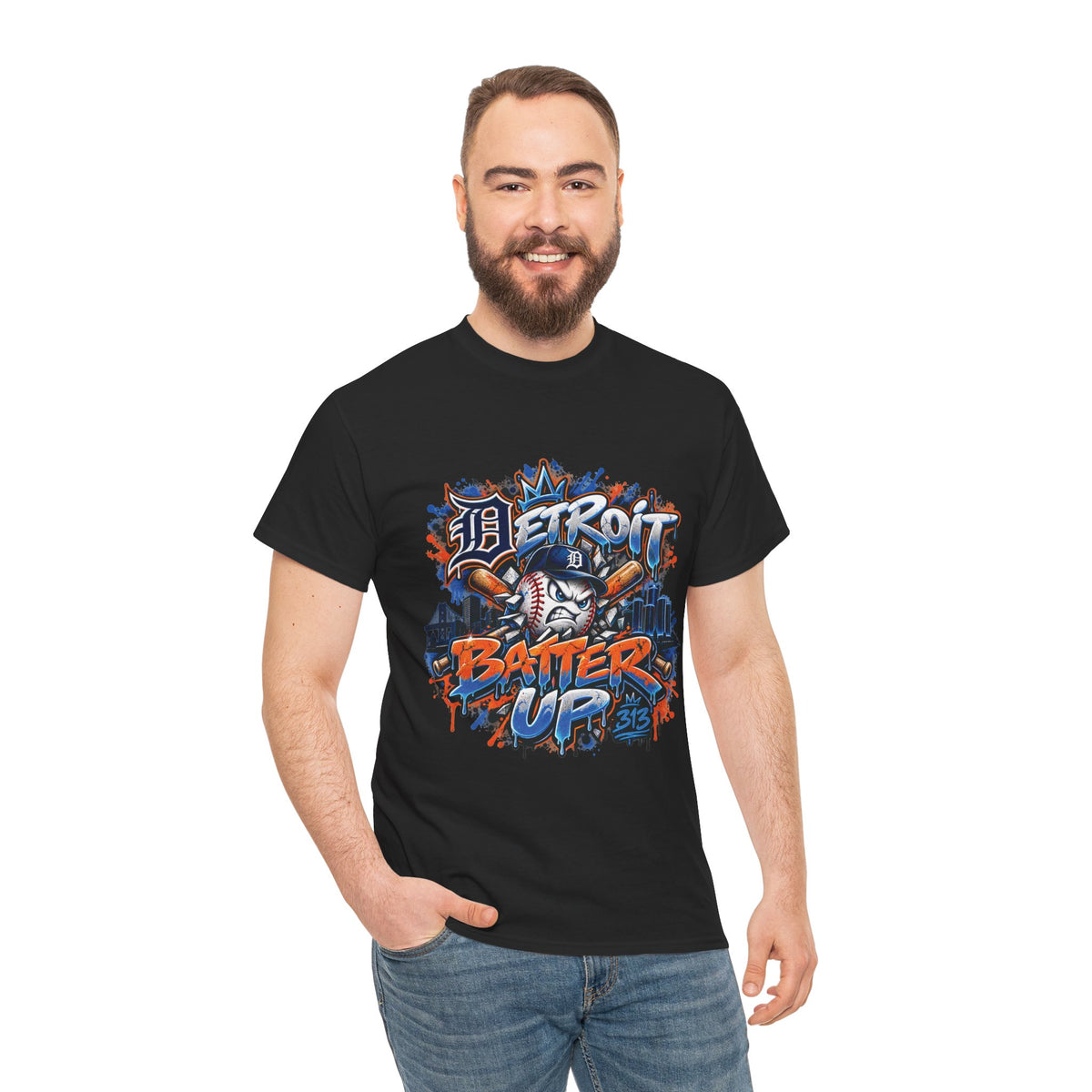 Detroit Batter Up T-Shirt | Baseball City Skyline Tee