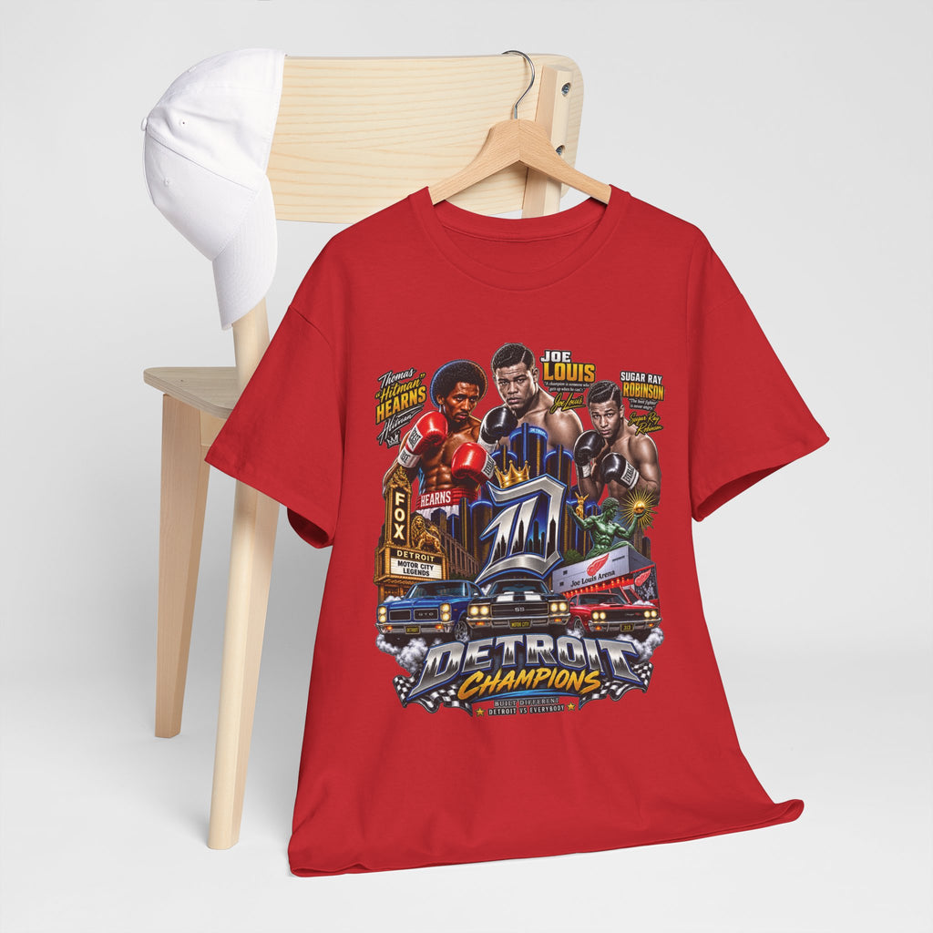 Detroit Champions T-Shirt | Motor City Boxing Legends, Classic Cars, City Skyline
