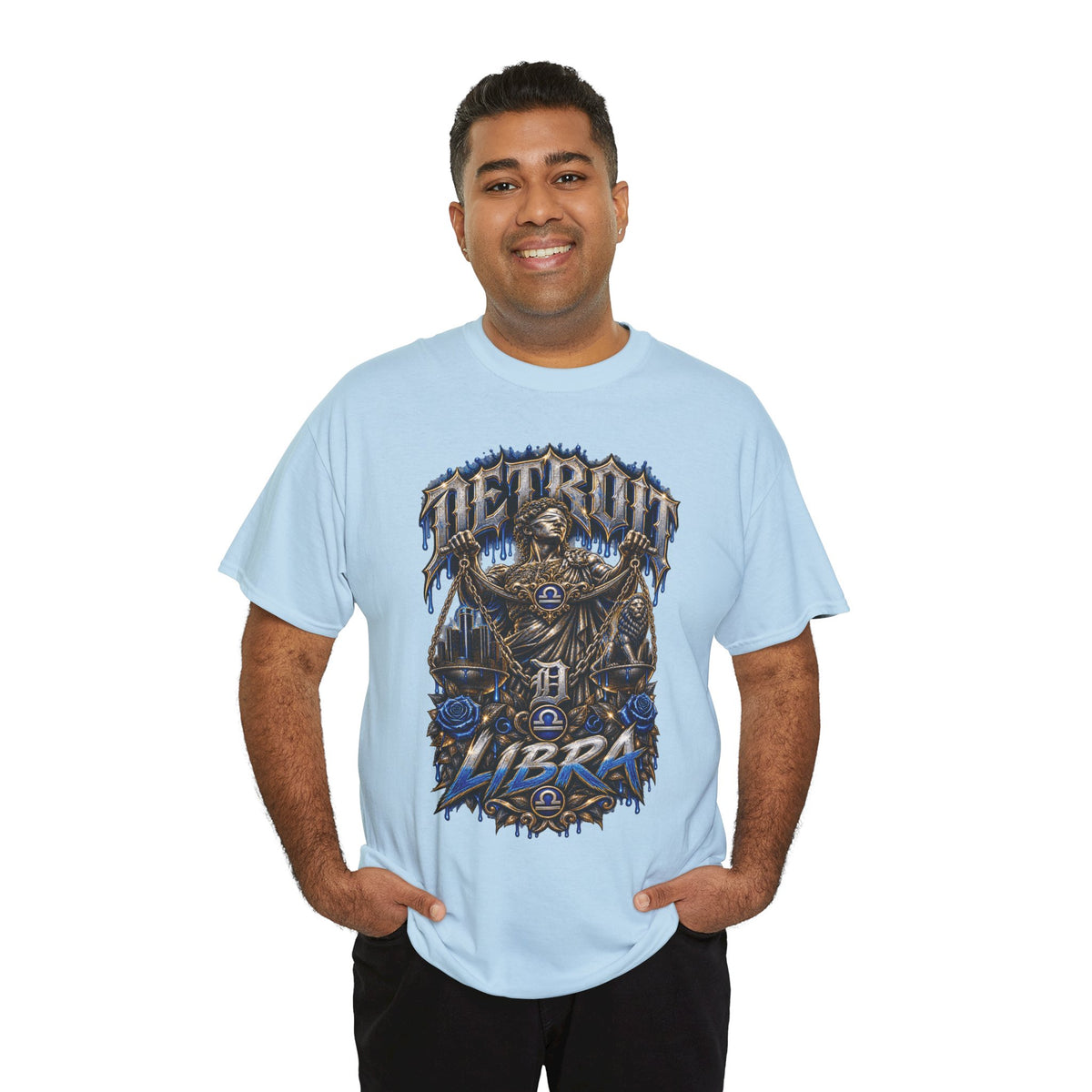 Detroit Libra T-Shirt | Skull Scales, Blue Roses, Zodiac Design