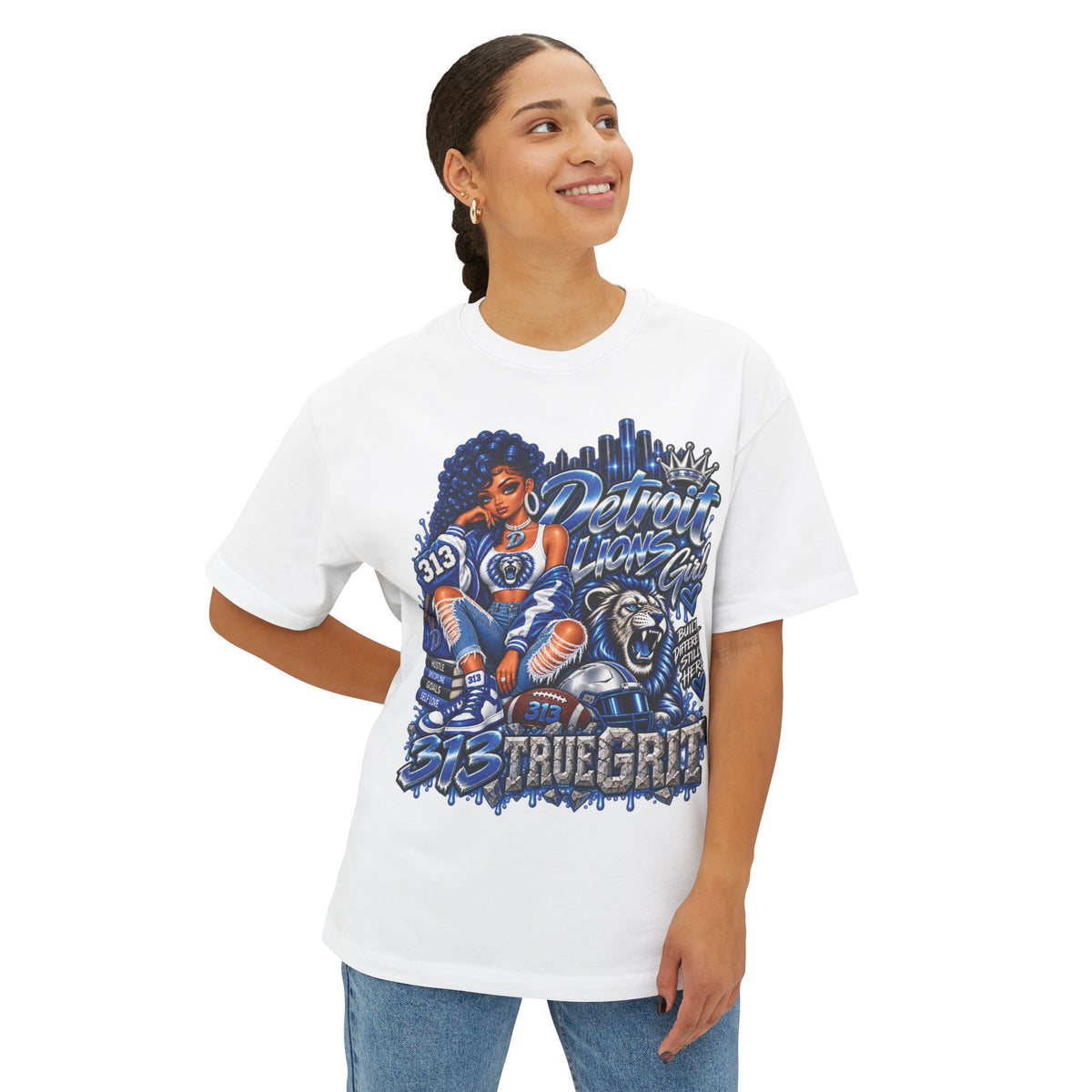 Lions Detroit City Grit tee | Motor City skyline, 313, sneaker and bulldog illustration