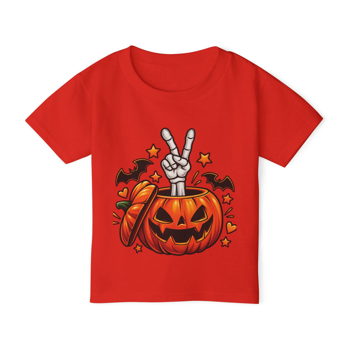 Peace Hand Skeleton in Jack-O'-Lantern Toddler T-shirt | Halloween Pumpkin Bats