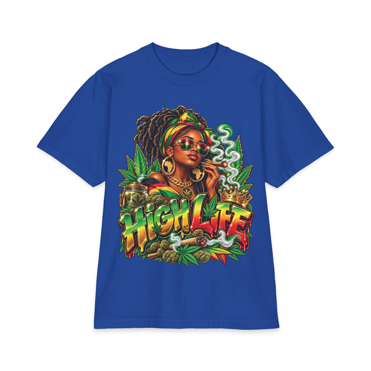 Detrpit 420 High Life Rasta Black Woman T-Shirt | Cannabis Reggae Vibes, Smoking Art