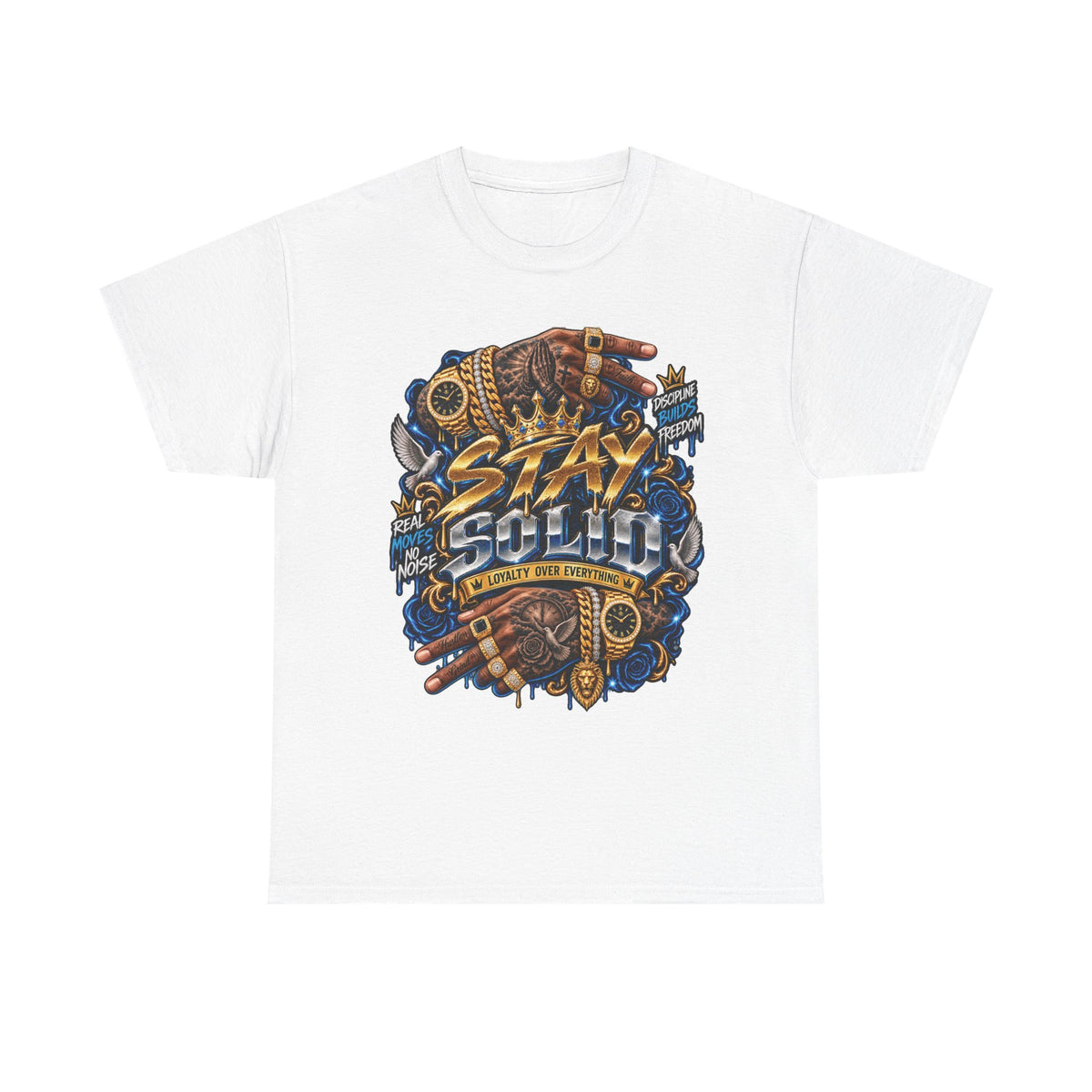 Stay Solid graphic tee | Urban street art typography, gold chain hands