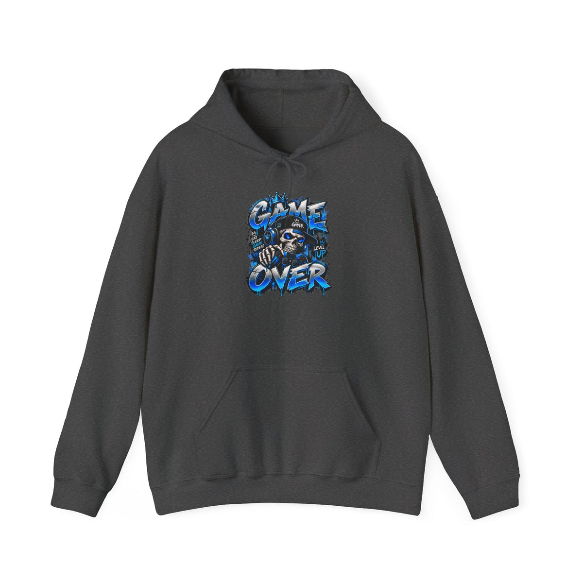 Game Over Skull hoodie | Gaming Graphic Sweatshirt, Blue Grunge Design