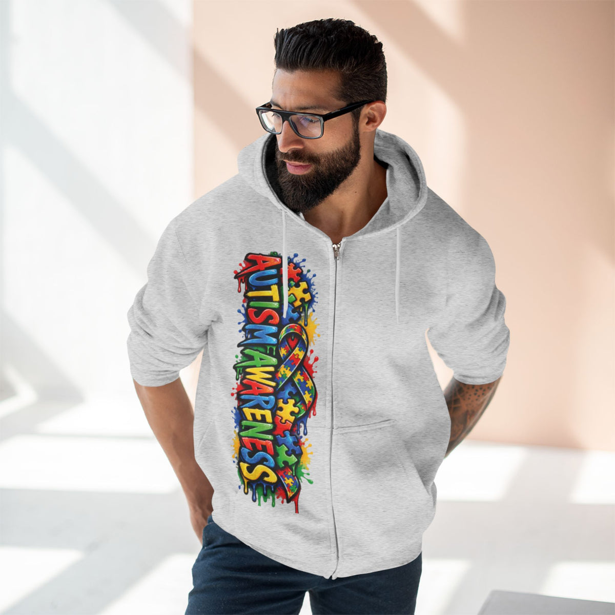 Autism Awareness Puzzle Heart Zip Hoodie | Colorful Awareness Design