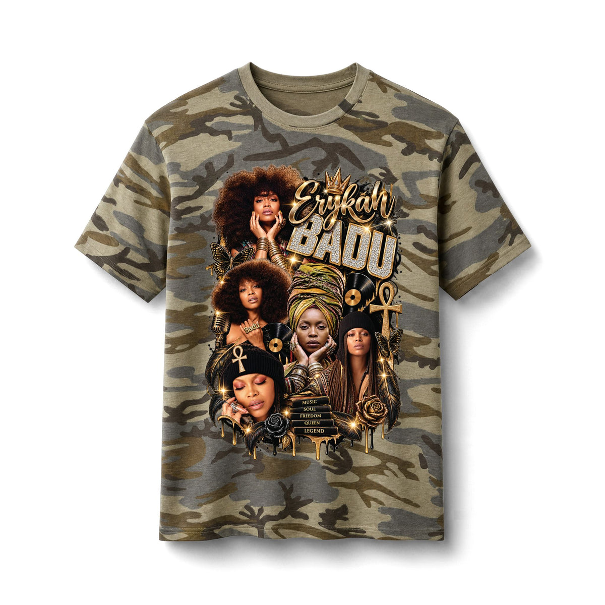 Badu Soul Singer Portrait Camo Tee | Retro R&B Collage T-Shirt