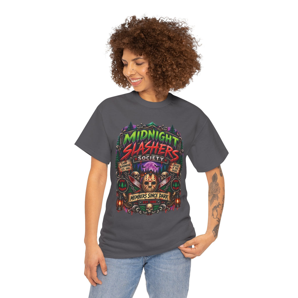 Midnight Slashers Society Skull Tee | Horror Club Graphic T-Shirt