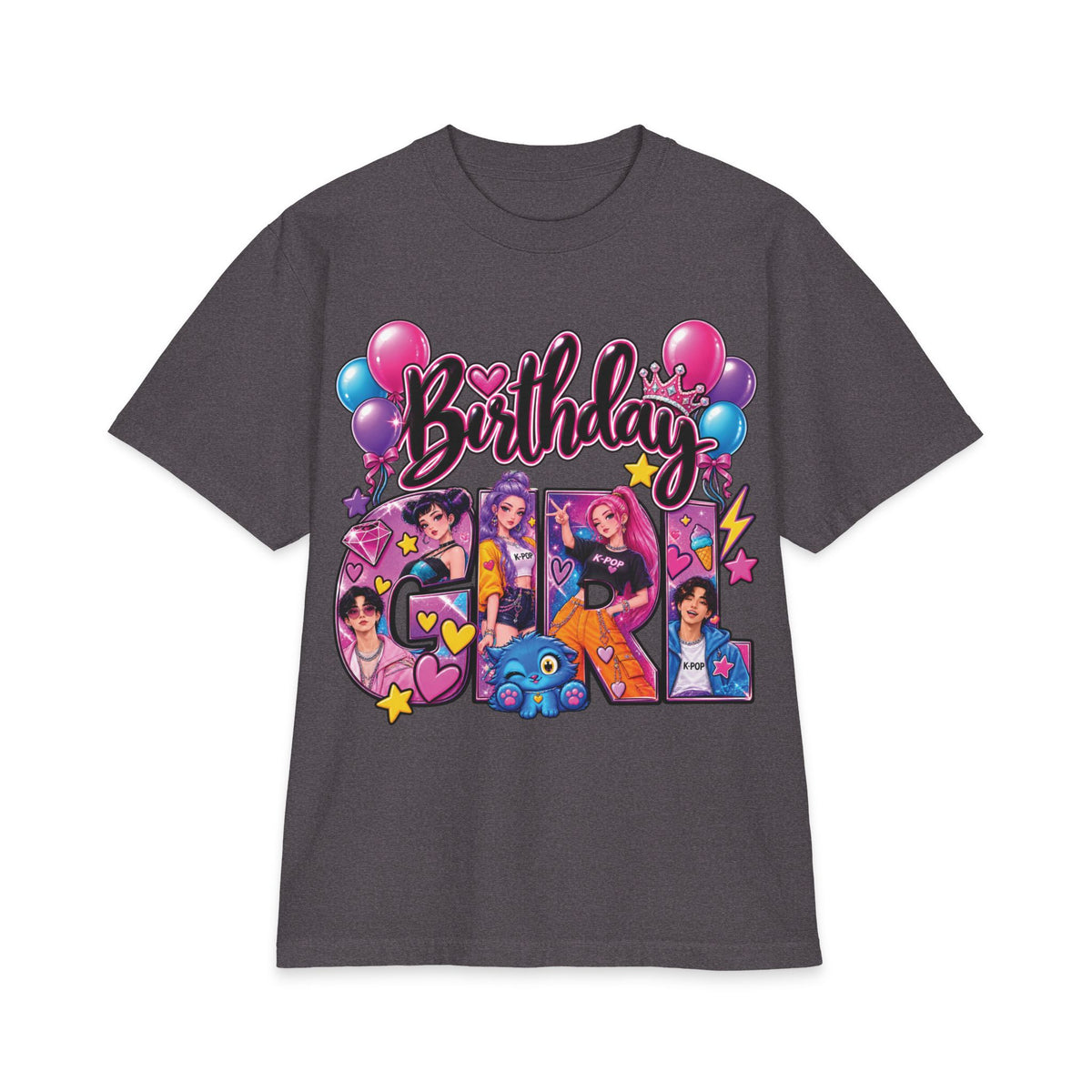 Kpop Hunter Demon Birthday Girl T-Shirt | Colorful Cartoon Letters, Balloons & Characters