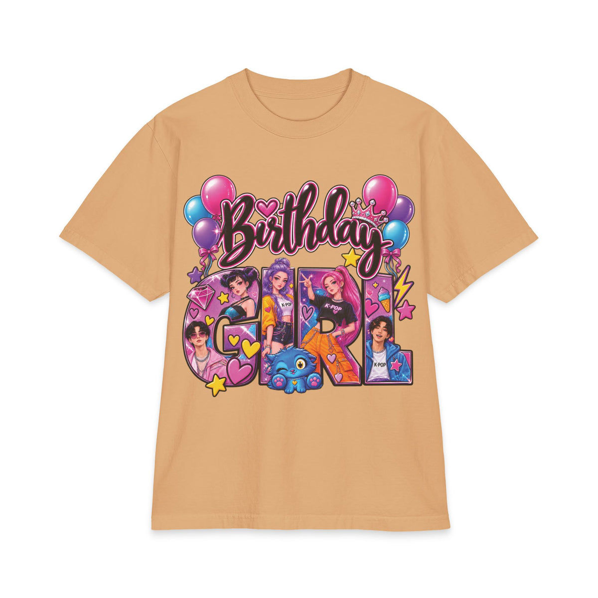 Kpop Hunter Demon Birthday Girl T-Shirt | Colorful Cartoon Letters, Balloons & Characters