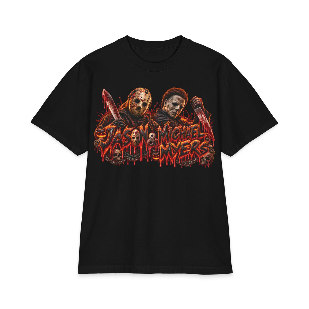 Jason and Micheal Myers Horror Slashers Graphic T-Shirt | Dual Masked Killers, Blood Drip Design