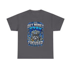Get Money Stay Focused T-Shirt | Money Skull Graphic, Blue Typography
