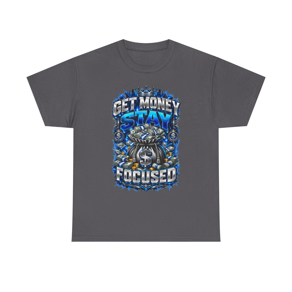 Get Money Stay Focused T-Shirt | Money Skull Graphic, Blue Typography