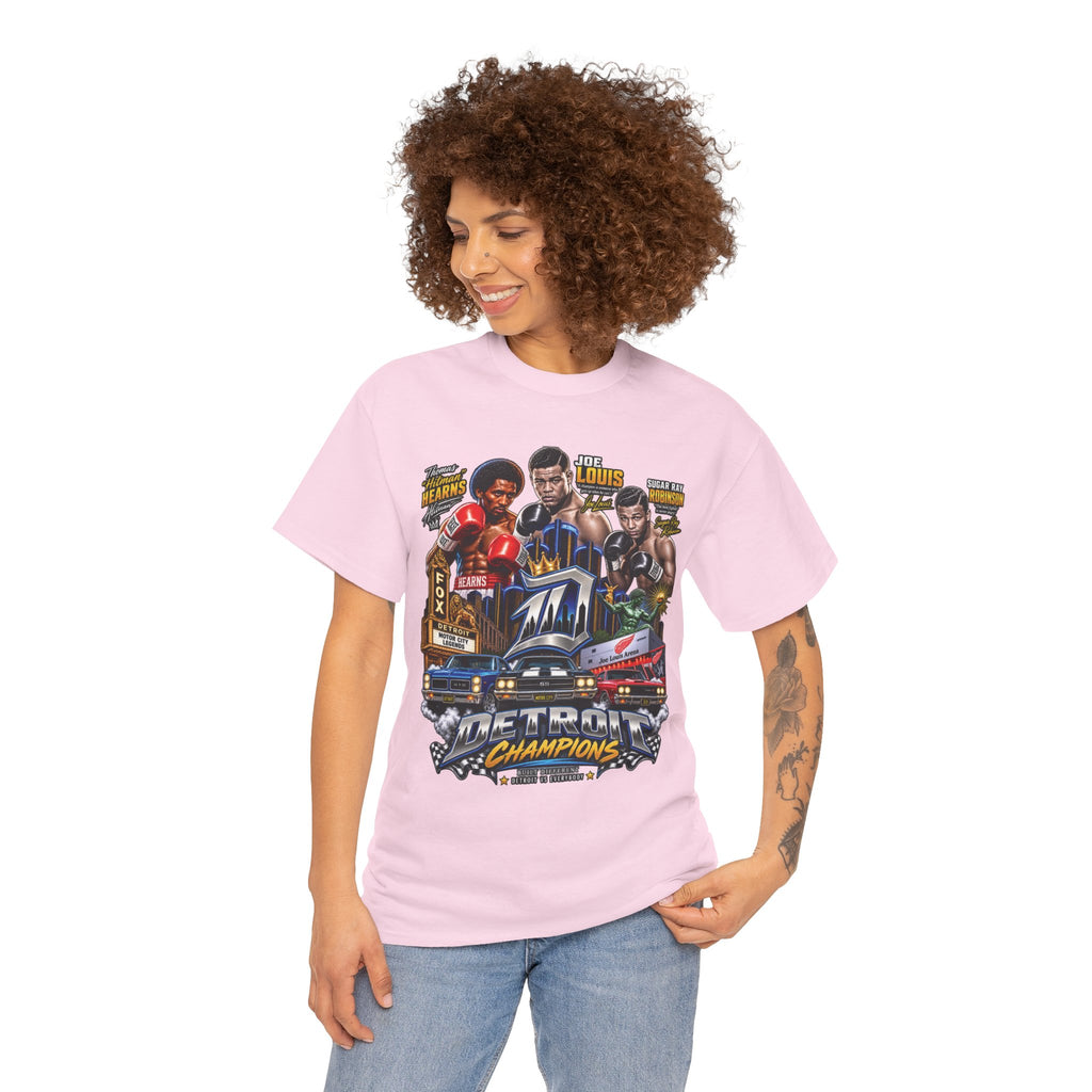 Detroit Champions T-Shirt | Motor City Boxing Legends, Classic Cars, City Skyline