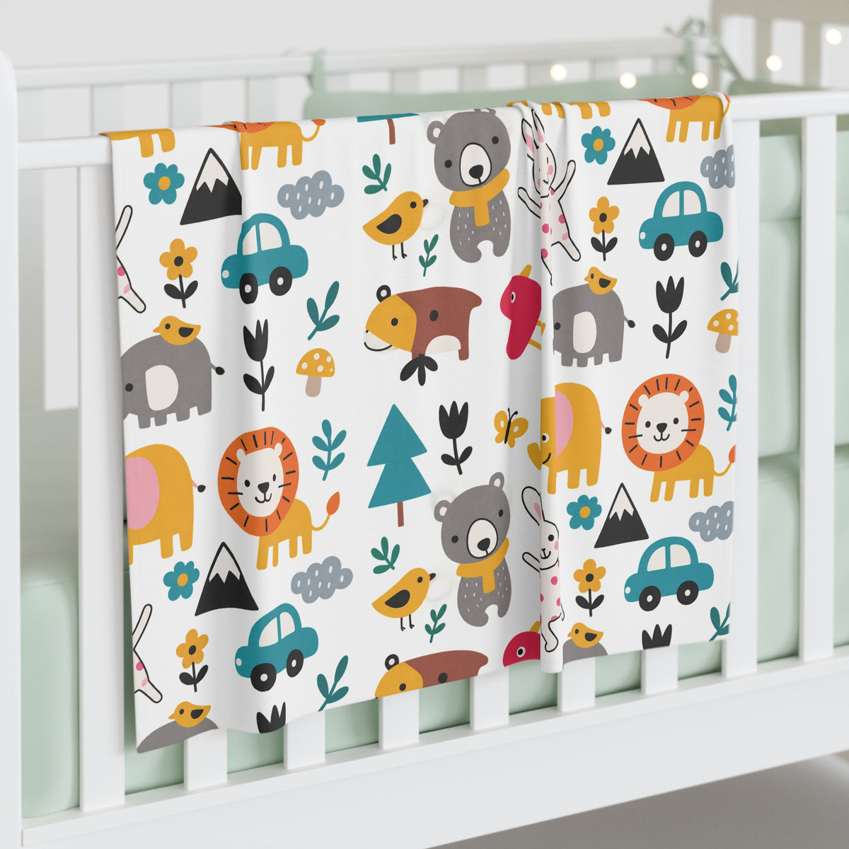 Cute Animal Pattern Baby Swaddle Blanket | Nursery Safari Elephant Lion Bunny