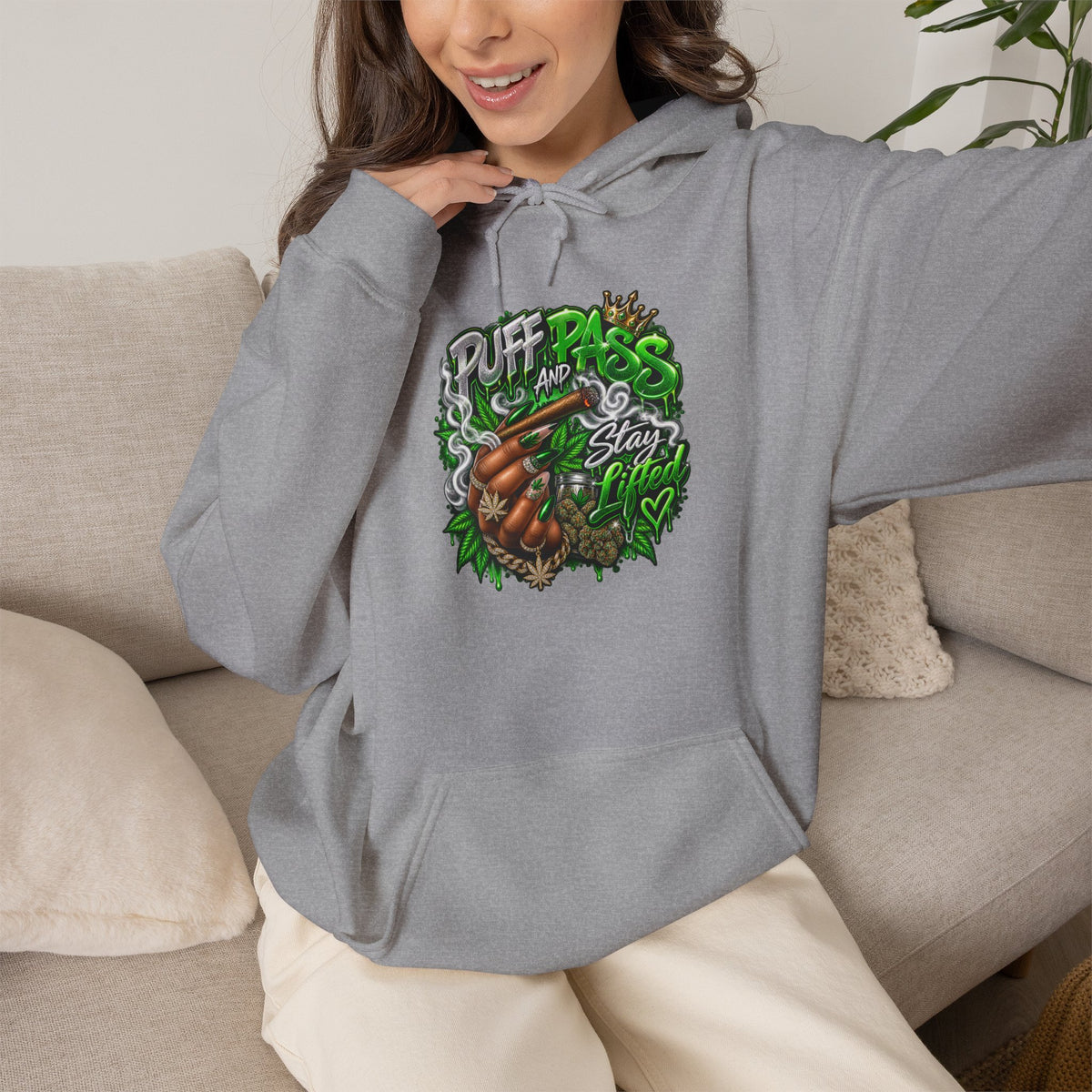 Puff Pass Stay Lifted Hoodie | Cannabis Leaf, Smoky Hand Illustration