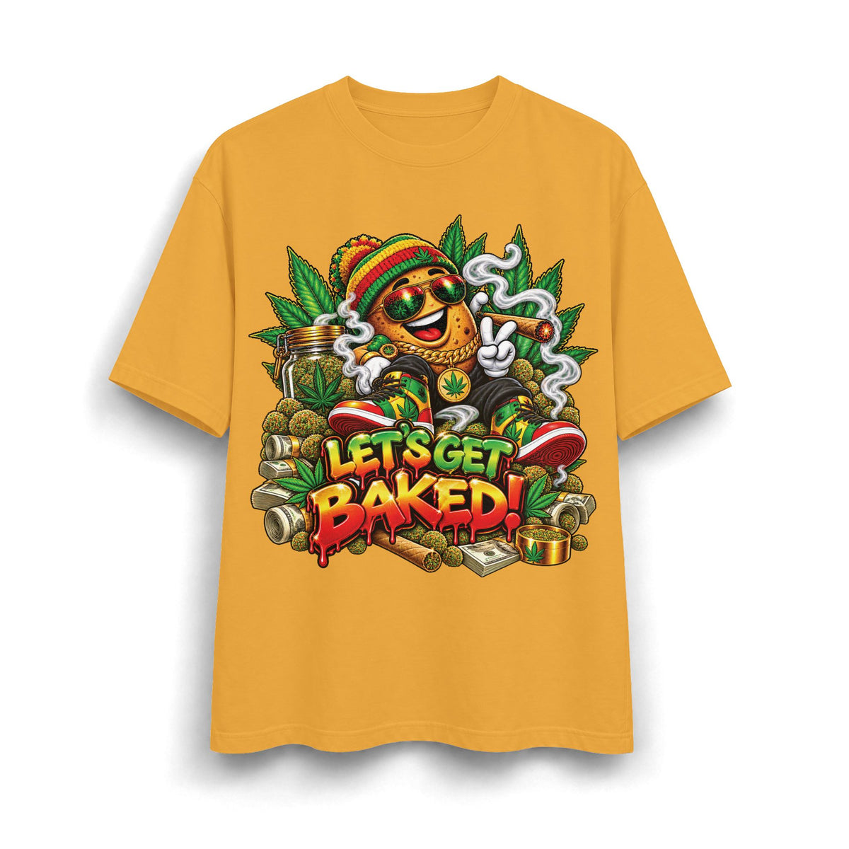 Detroit 420 Let's Get Baked marijuana leaf character T-Shirt | Rasta reggae cannabis design