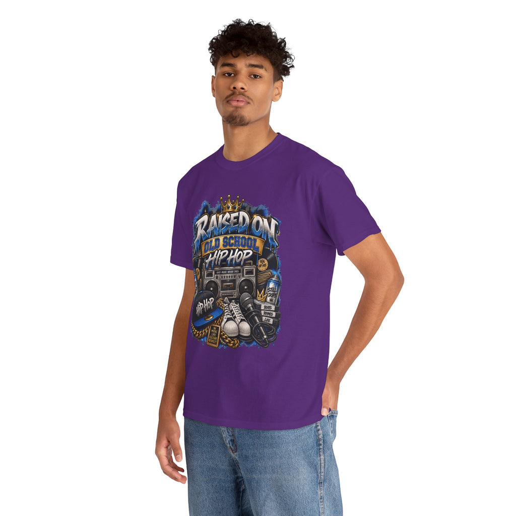 Raised On Old School Hip Hop T-Shirt | Retro Boombox Sneakers Crown Design