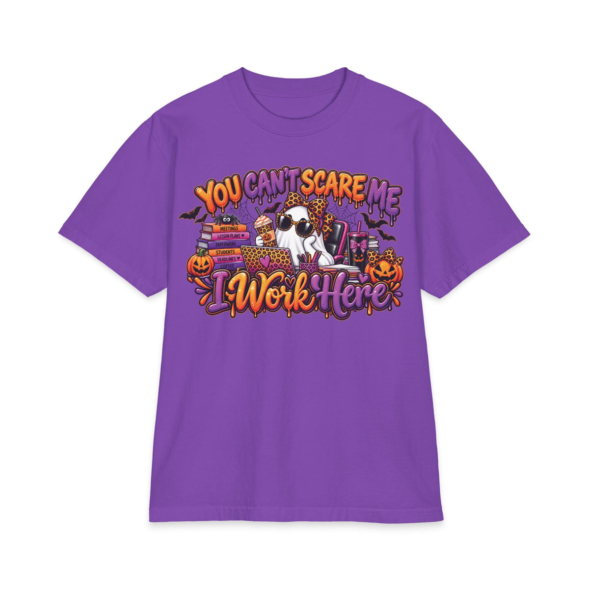 You Cant Scare Me I Work Here T-Shirt | Halloween Cow Pumpkin Graphic
