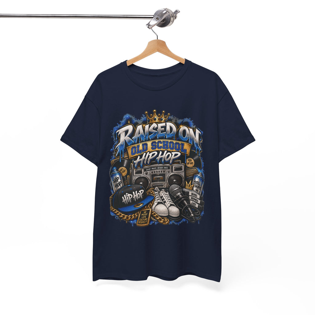 Raised On Old School Hip Hop T-Shirt | Retro Boombox Sneakers Crown Design