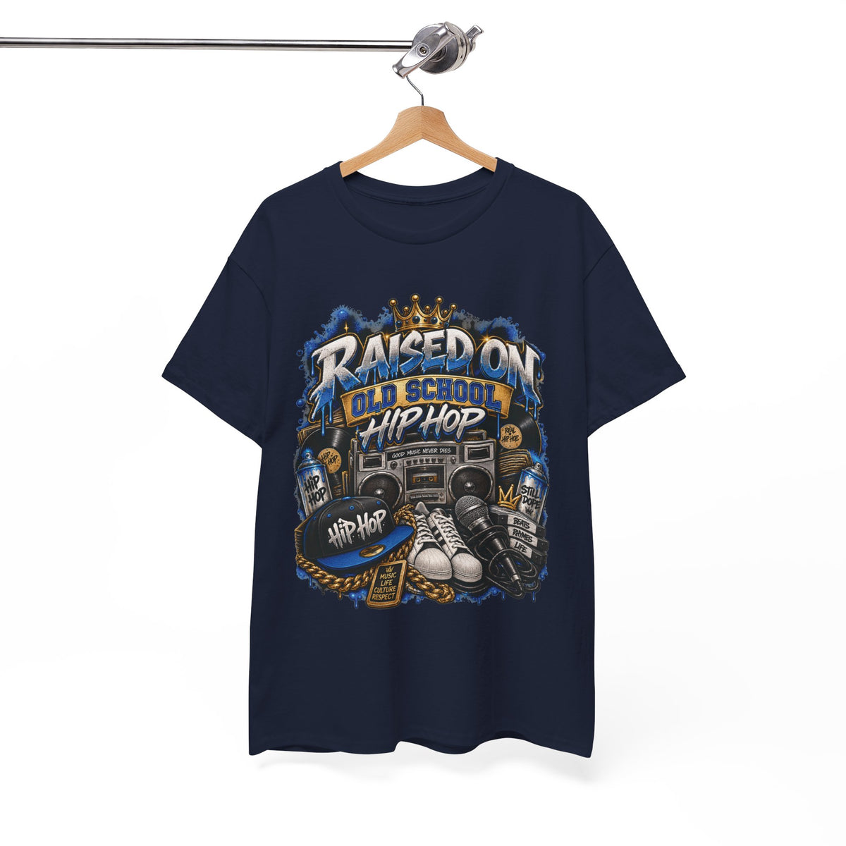 Raised On Old School Hip Hop T-Shirt | Retro Boombox Sneakers Crown Design