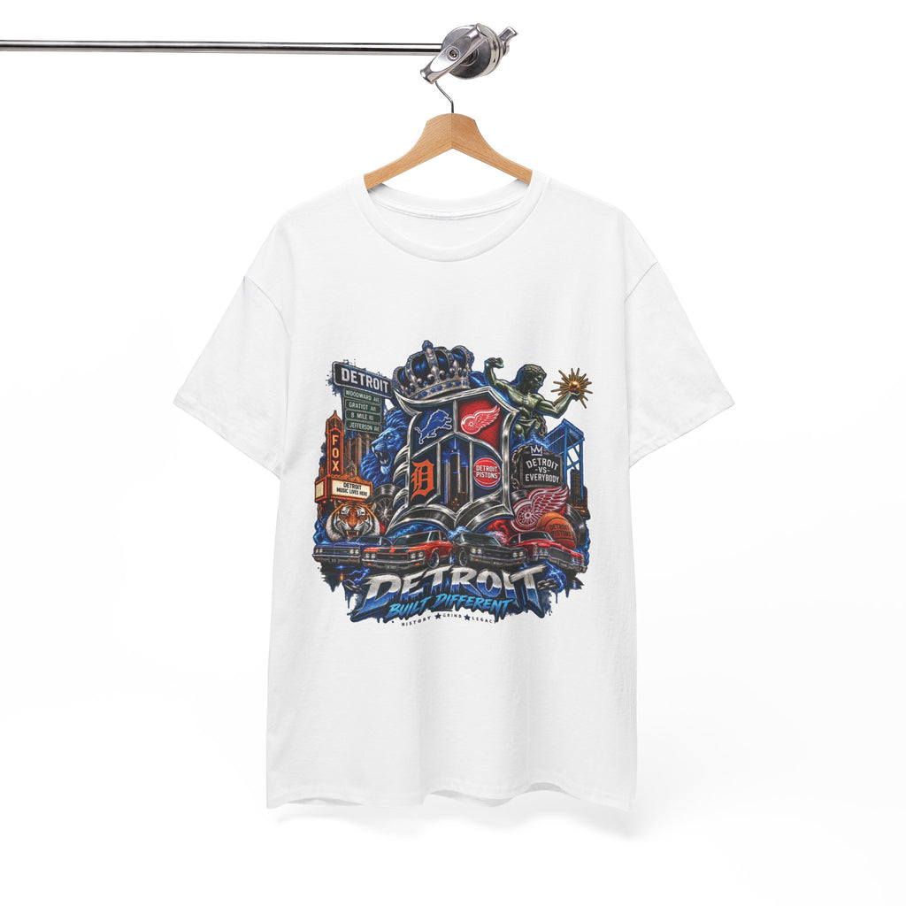 Detroit Skyline Collage T-Shirt | Motor City Landmarks, Vintage Neon Design