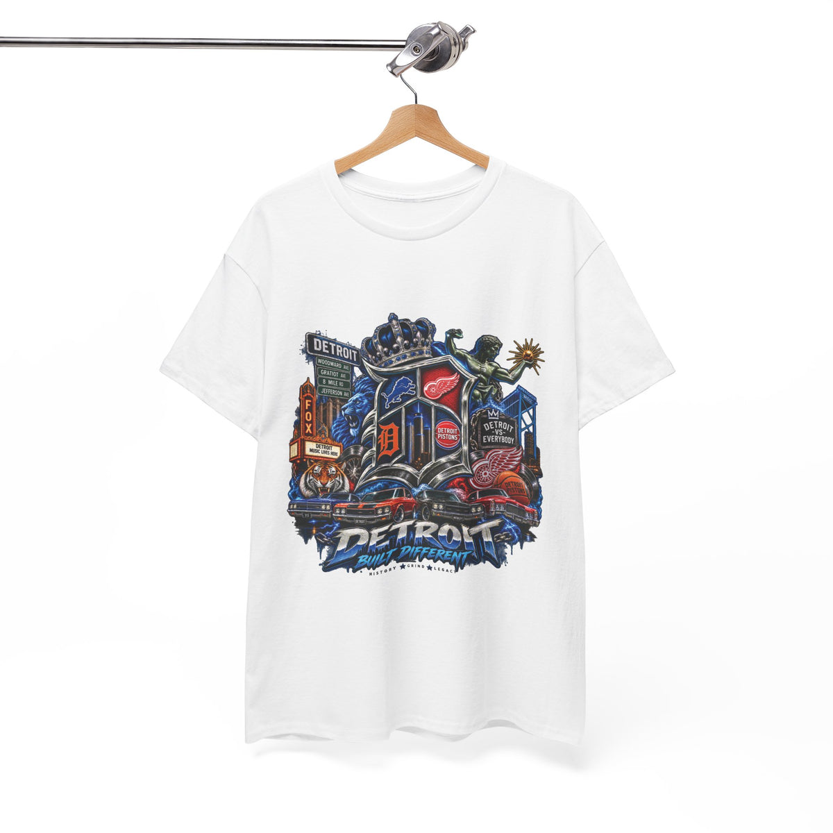 Detroit Skyline Collage T-Shirt | Motor City Landmarks, Vintage Neon Design