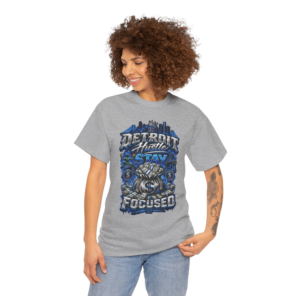Detroit Hustle Stay Focused Tee | City Skyline, Money Bag Graphic