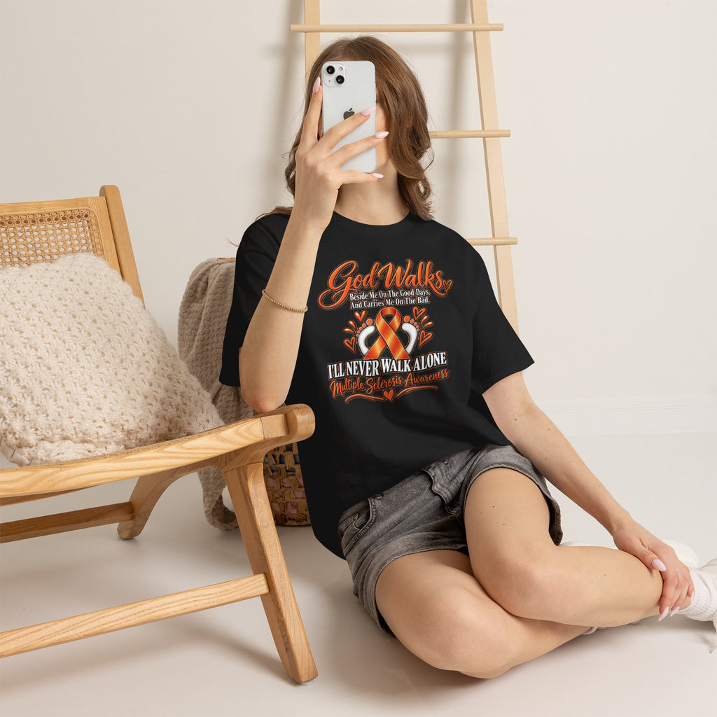 God Walks orange awareness ribbon T-Shirt | I'll Never Walk Alone, Faith Support