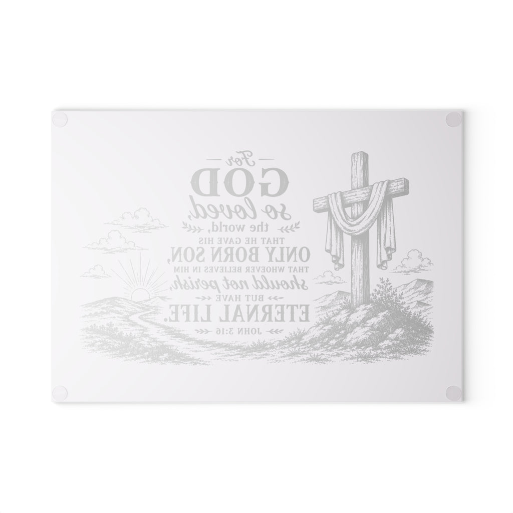John 3:16 Scripture Cross Illustration Glass Cutting Board | Christian Kitchen Decor