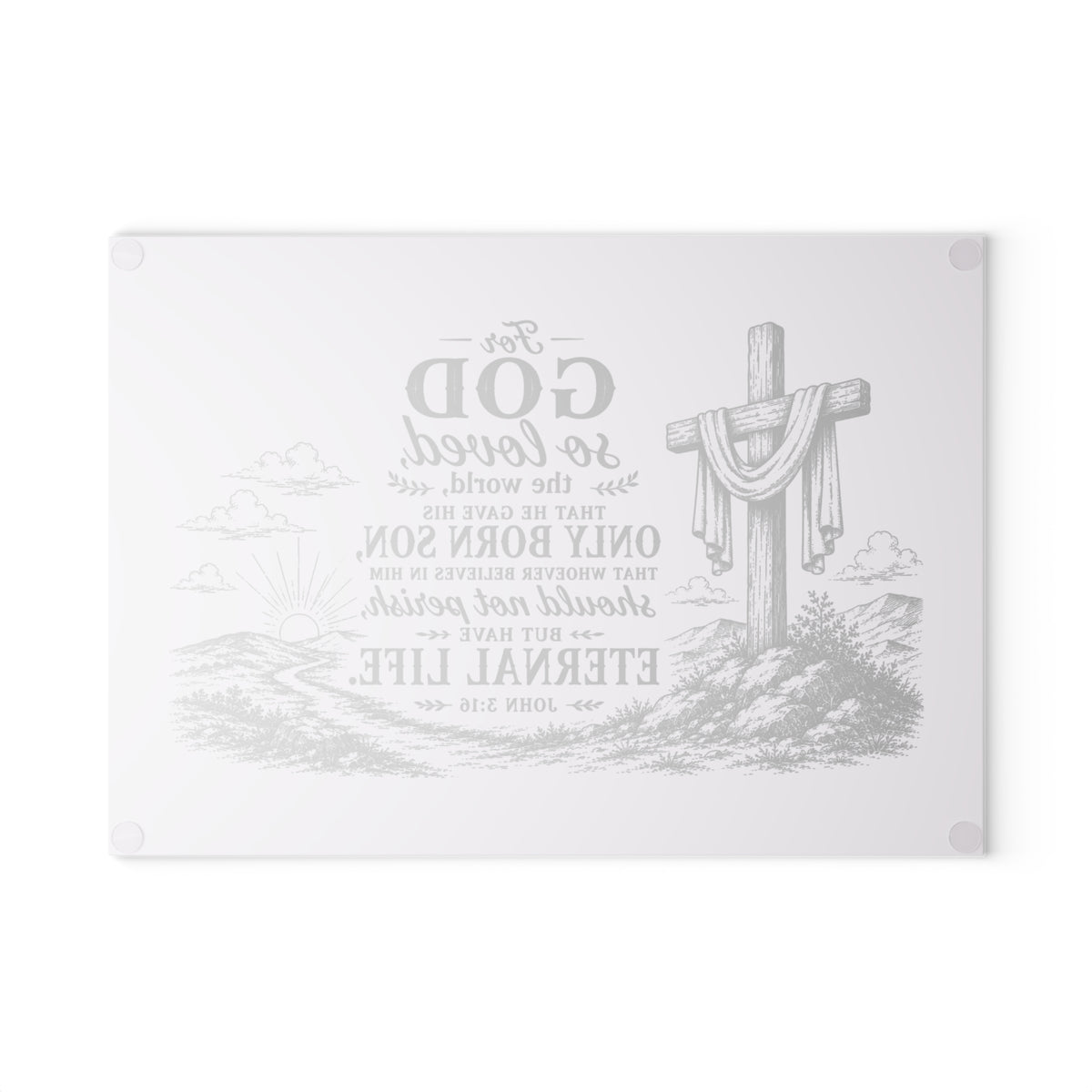 John 3:16 Scripture Cross Illustration Glass Cutting Board | Christian Kitchen Decor